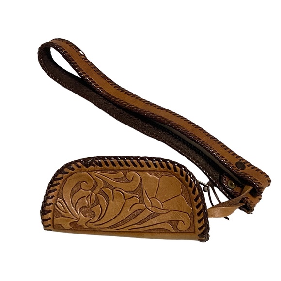 Vintage Hand Tooled Leather Purse Bag Wallet Tan Brown - Picture 2 of 4